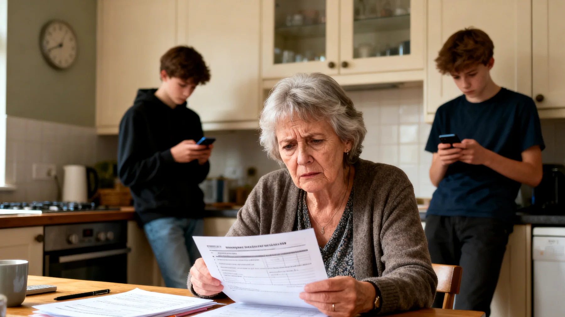 Oma ervaart zorgen over de studieprestaties en motivatie van haar adolescente kleinkinderen, met mogelijk spanningen over verwachtingen, schoolresultaten en betrokkenheid bij het leerproces"