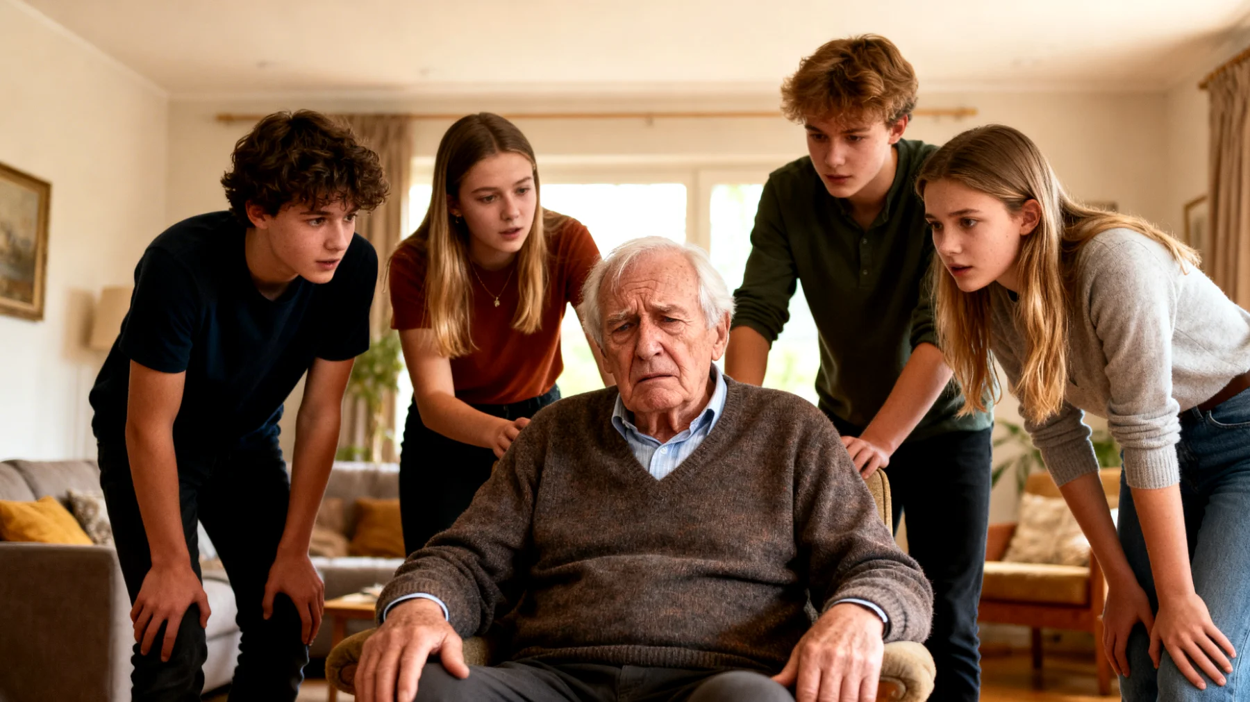 Een opa die moeite heeft om 'nee' te zeggen tegen zijn jongvolwassen kleinkinderen, waardoor hij zich uitgeput voelt en zijn kleinkinderen mogelijk te afhankelijk worden van zijn steun en hulp."